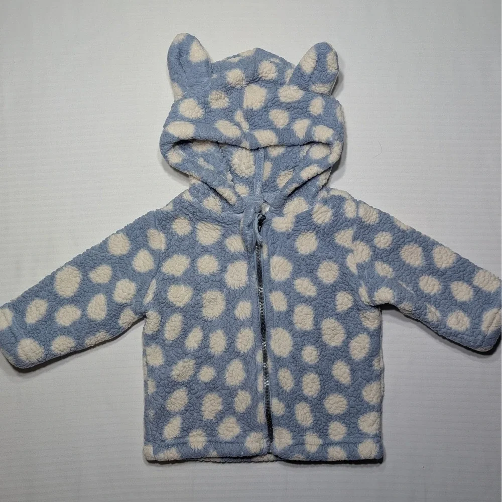 Hanna Andersson Baby 6-12M 70cm Blue White‎ Dot Sherpa Bear Ear Hoodie Jacket